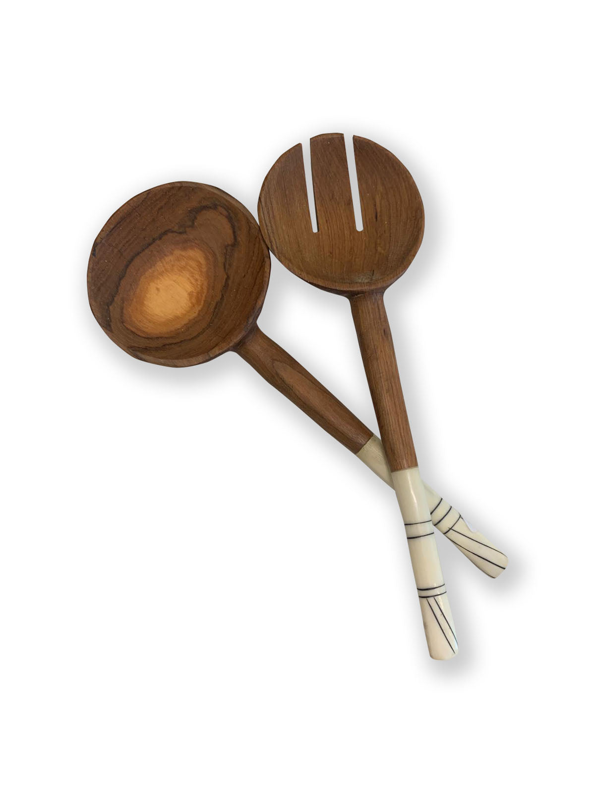 Wooden Salad Servers - Bone Carved Handles